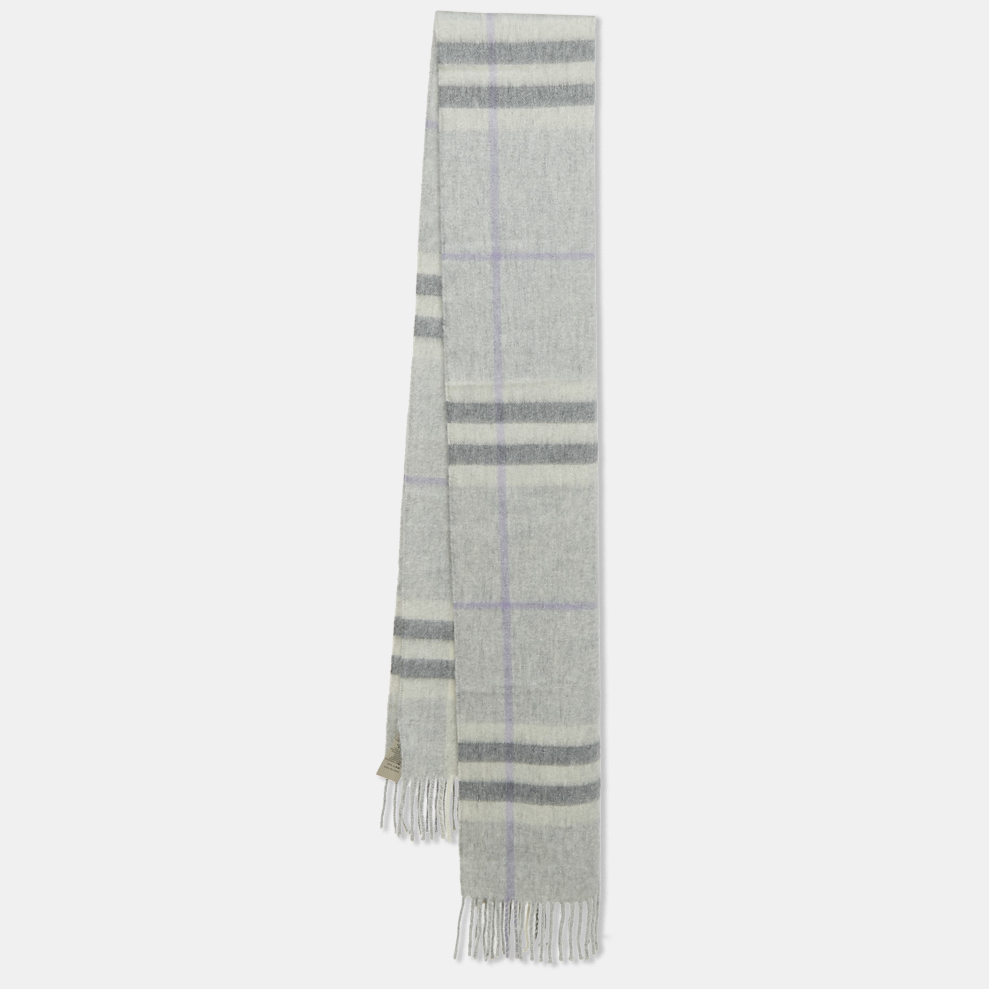 Pre-owned Burberry Grey Nova Check Cashmere Fringed Muffler In Gray