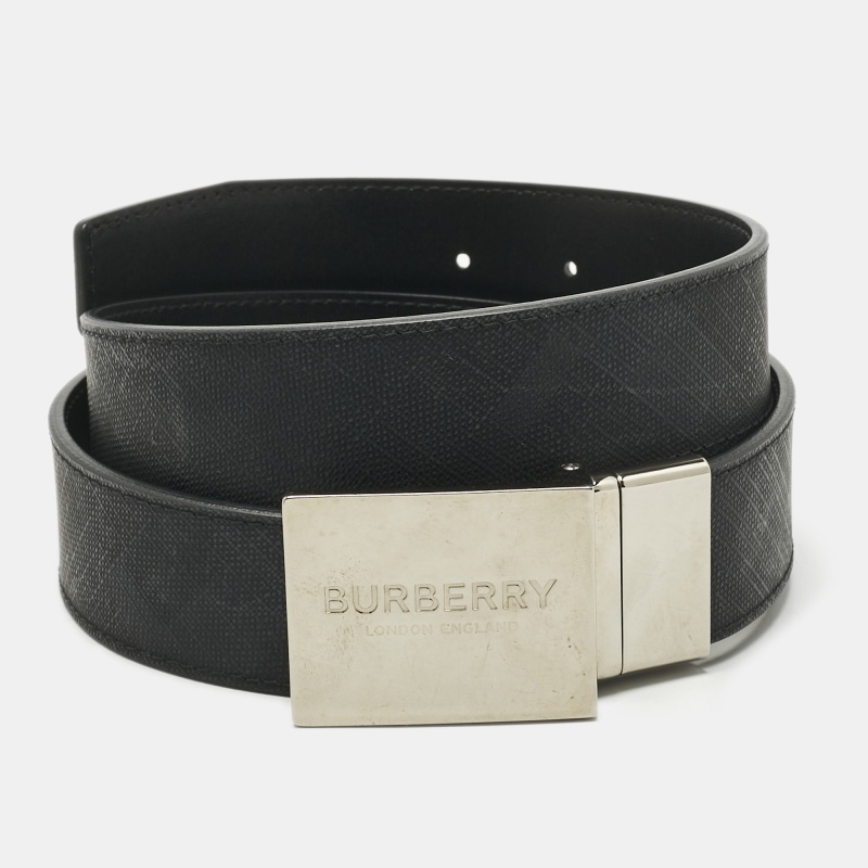Pre-owned Burberry Dark Charcoal Check Coated Canvas Logo Plaque Buckle Belt 100 Cm In Black