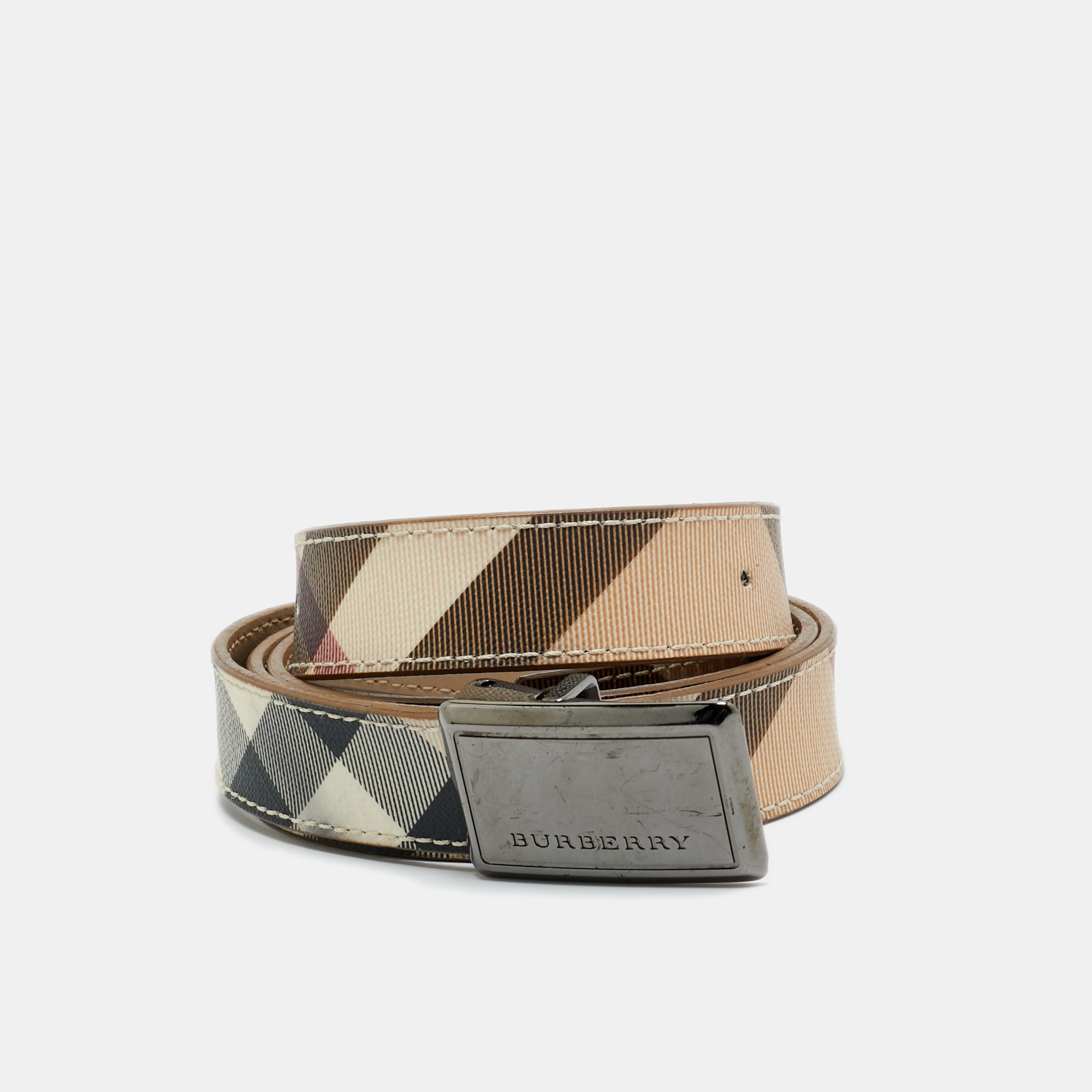 Pre-owned Burberry Beige Nova Check Coated Canvas Logo Plague Belt 100cm In Sand