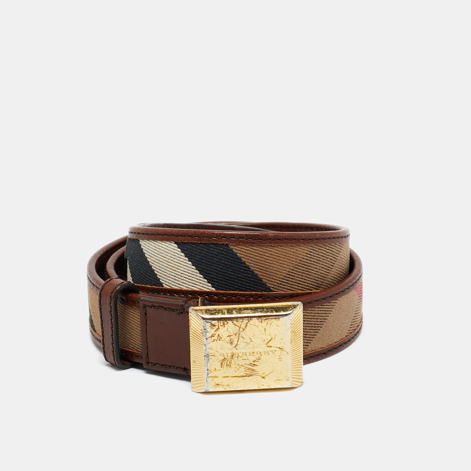 Pre-owned Burberry Brown House Check Canvas And Leather Logo Plague Belt 85cm