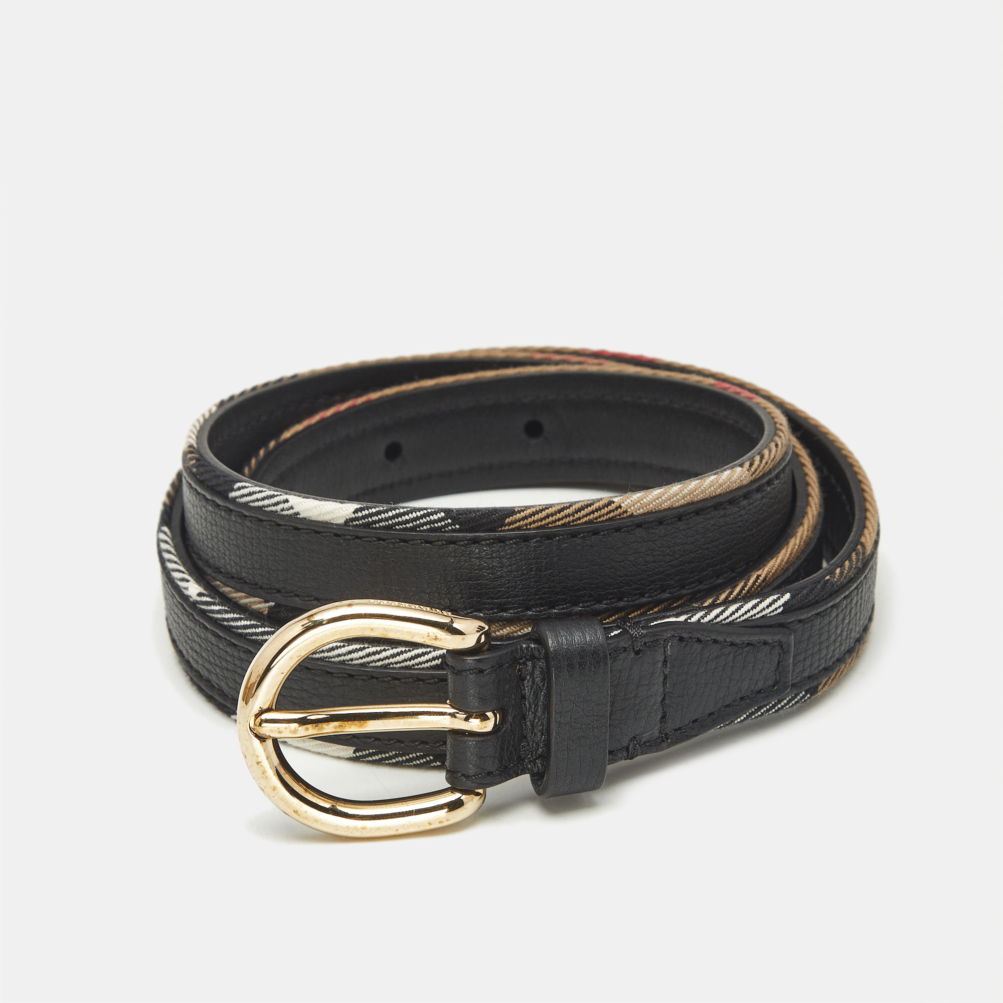 Pre-owned Burberry Black/beige Leather And House Check Canvas Slim Belt 85 Cm