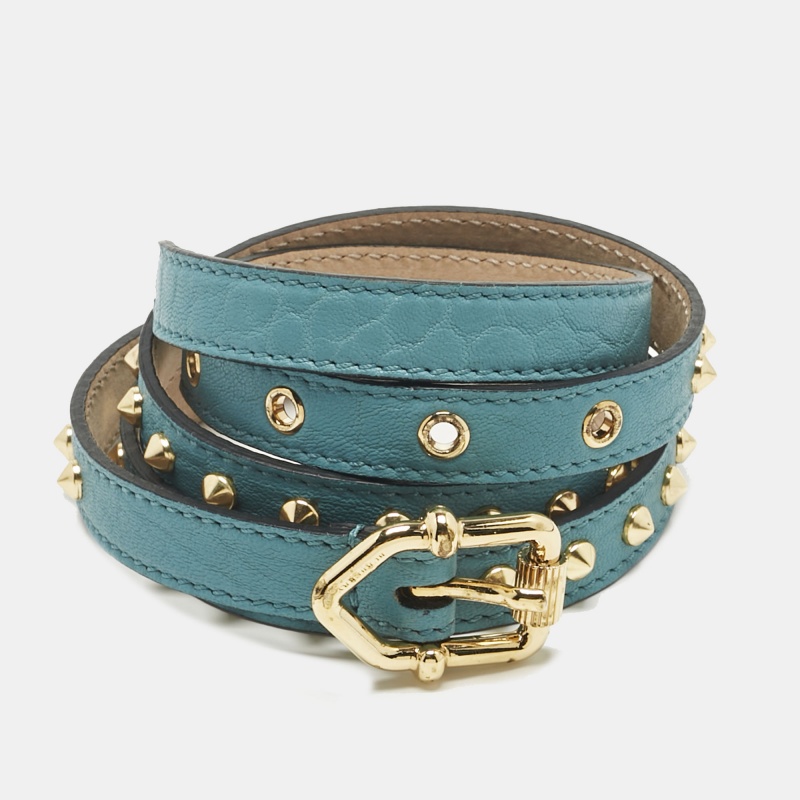 Pre-owned Burberry Blue Leather Studded Slim Buckle Belt 85cm