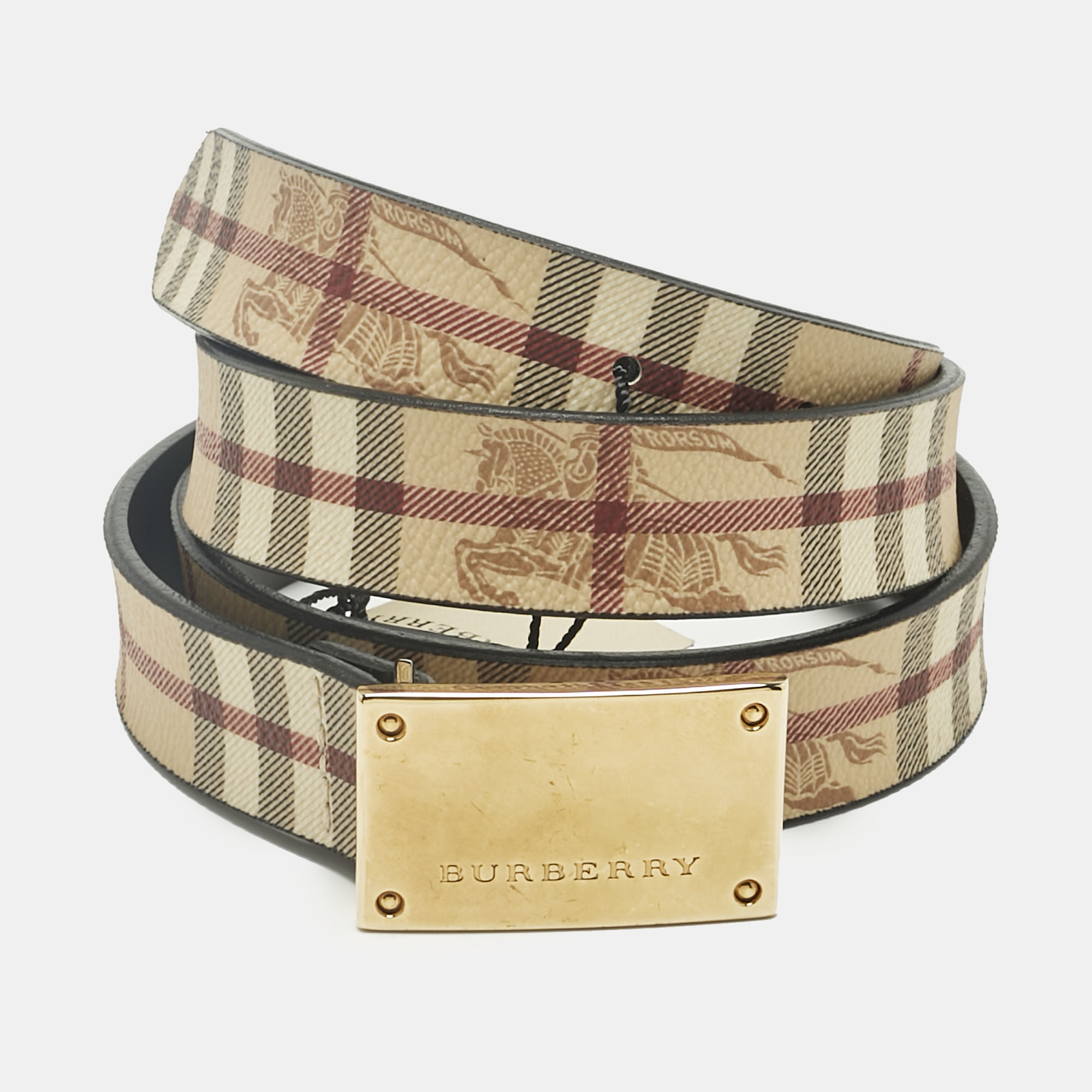 Pre-owned Burberry Beige Haymarket Coated Canvas Logo Plague Waist Belt 90cm In Sand