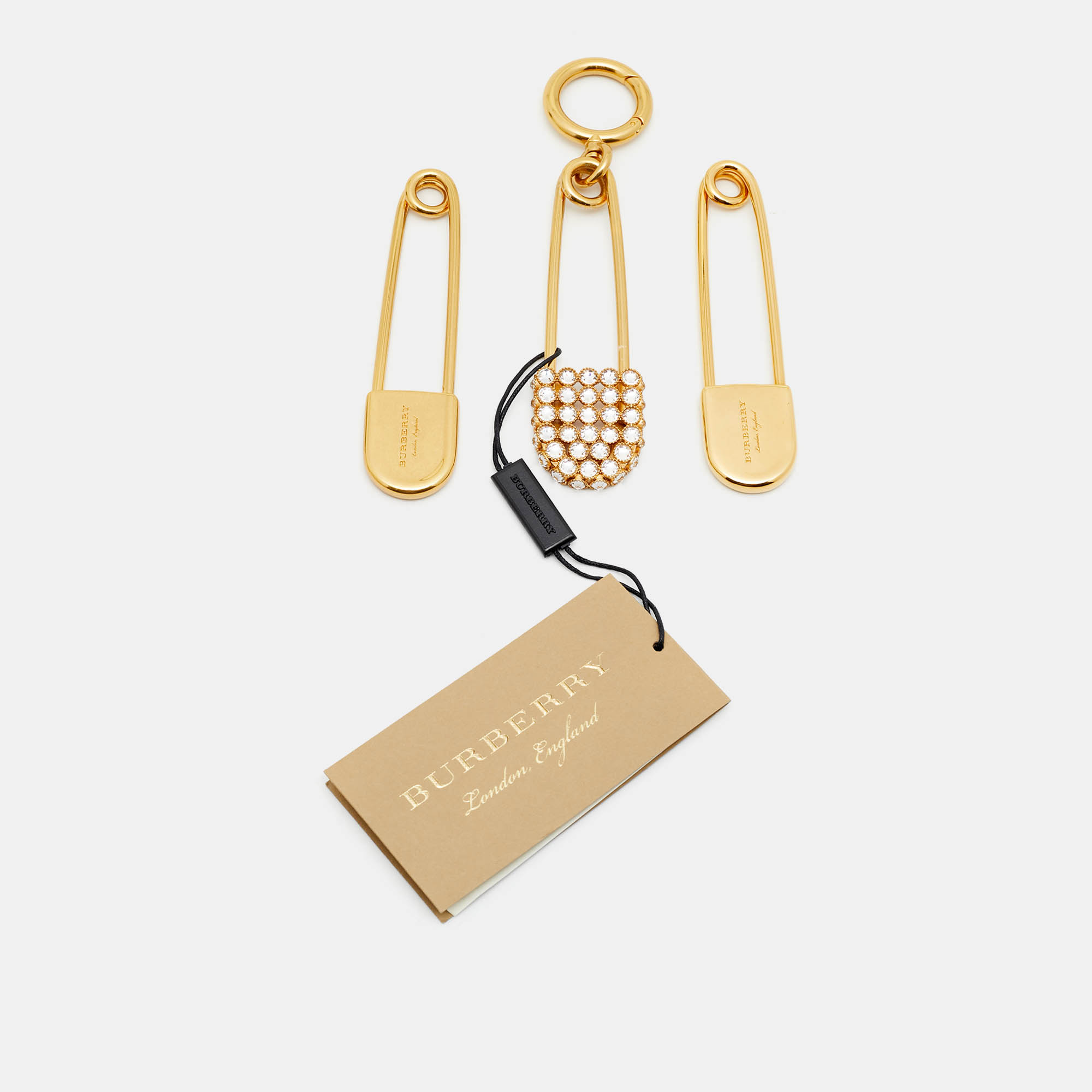 

Burberry Safety Pin Crystals Gold Tone Key Chain Set of 3