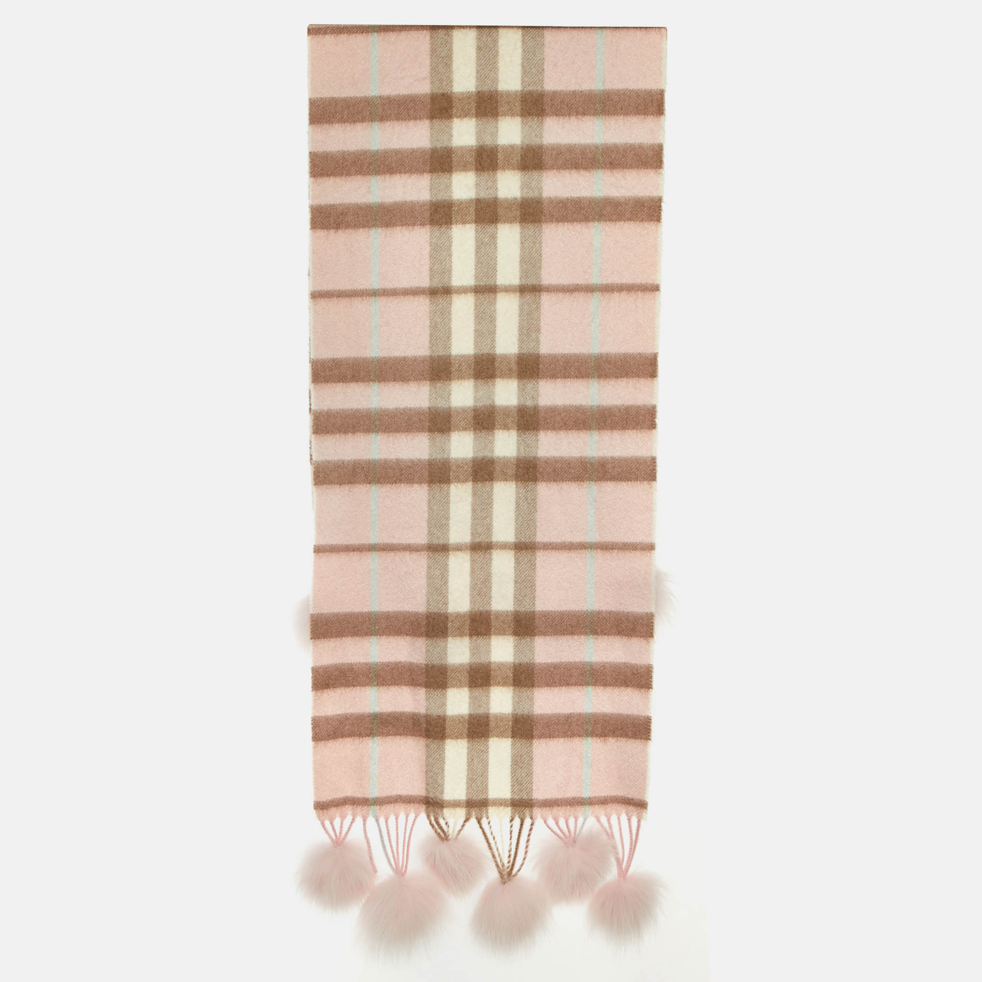 

Burberry Pink Nova Check Cashmere Fox Fur Pom-Pom Scarf
