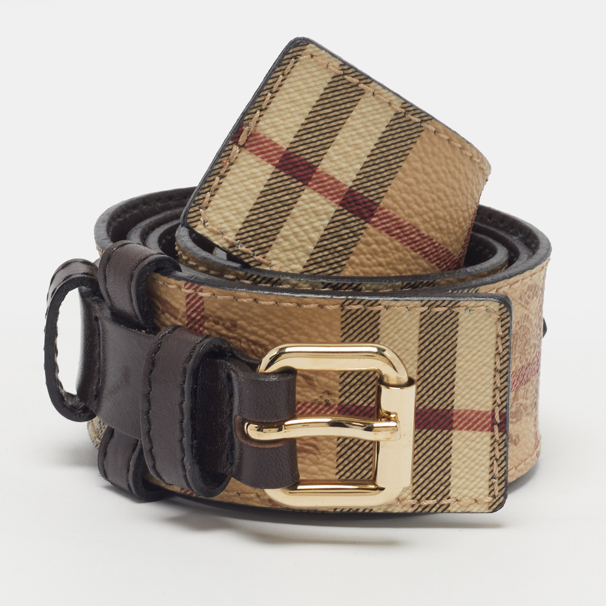 

Burberry 80CM Buckle Belt Brown/Beige Haymarket Check Coated Canvas and Leather