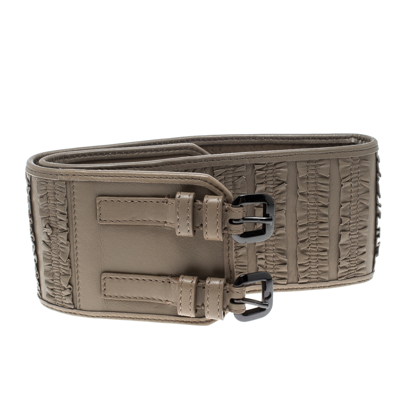 

Burberry Beige Leather Ruffle Double Buckle Wide Belt