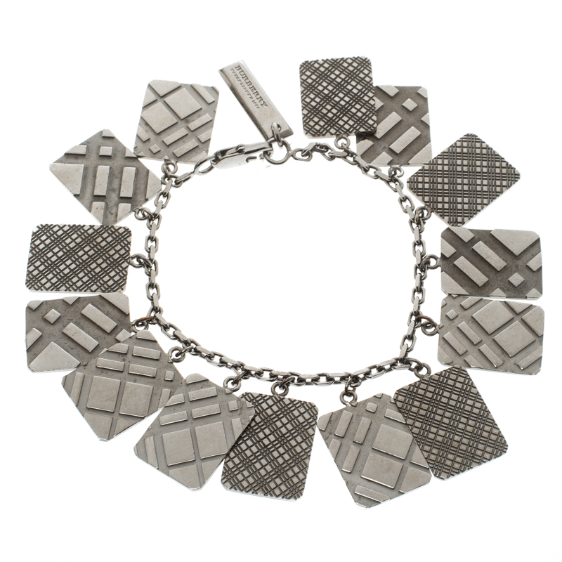 مملوكة مسبقًا Burberry Check Pattern Engraved & Embossed Multi Tag Gun Metal Tone Bracelet
