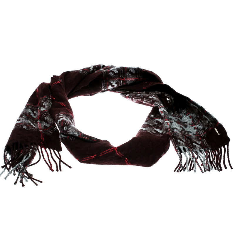 Pre Owned Burberry Burgundy Lurex Jacquard Knit Fringed Muffler