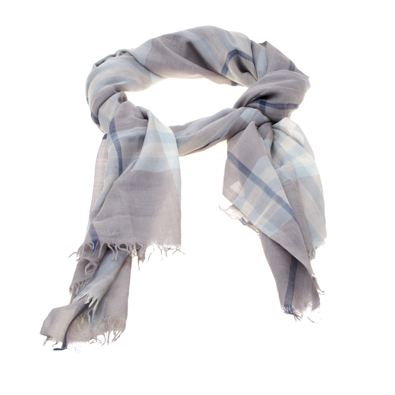 

Burberry Grey Checked Gauze Fringed Edge Scarf