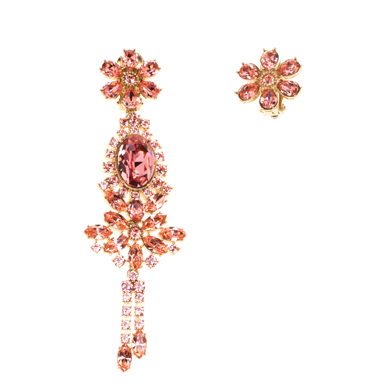 

Burberry Pink Flower Crystal Gold Tone Clip-on Asymmetric Stud Drop Earrings