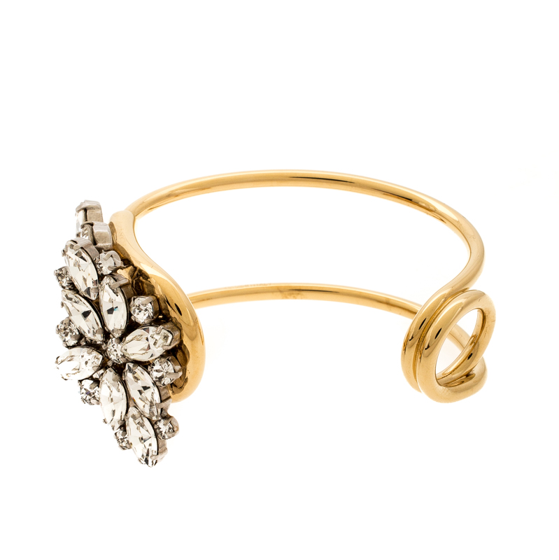 Pre Owned Burberry Daisy Crystal Gold Tone Open Cuff Bracelet