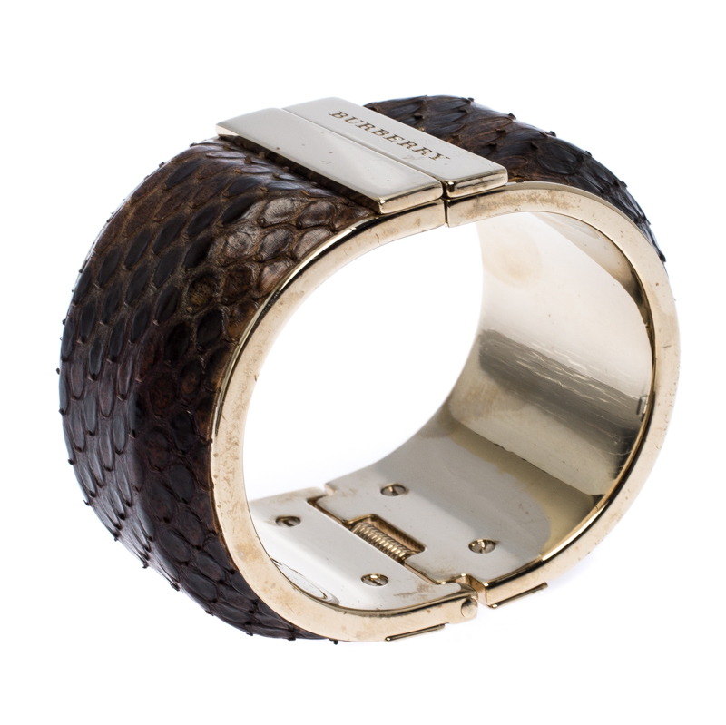 

Burberry Brown Snakeskin Leather Gold Tone Hinged Wide Cuff Bracelet
