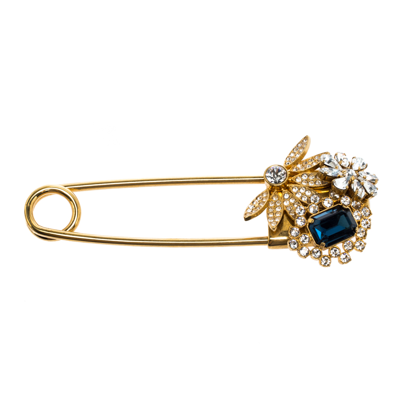 Pre-owned Burberry Floral Crystal Embellished Gold Tone Pin Brooch