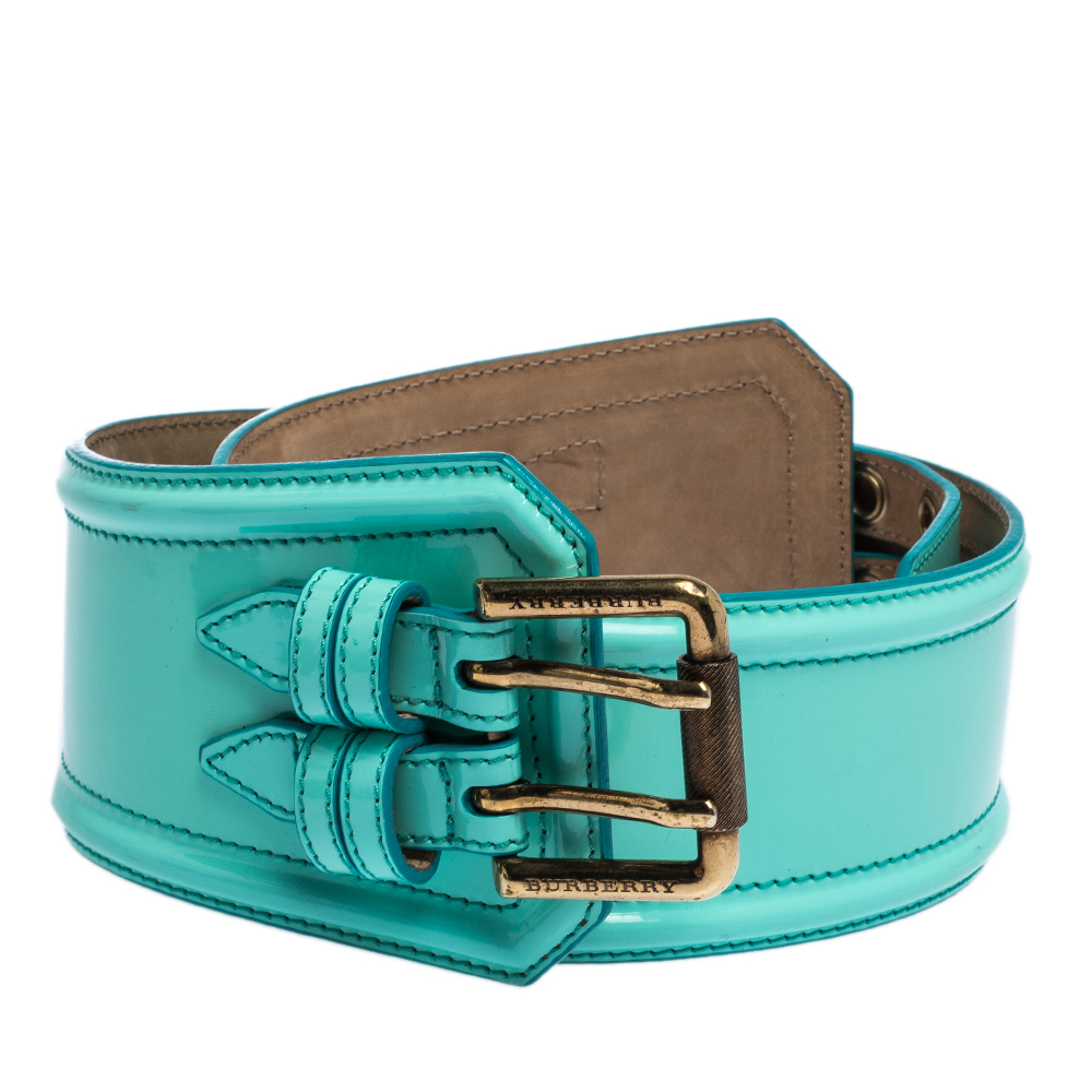 

Burberry Turquoise Patent Leather Double Buckle Waist Belt, Green
