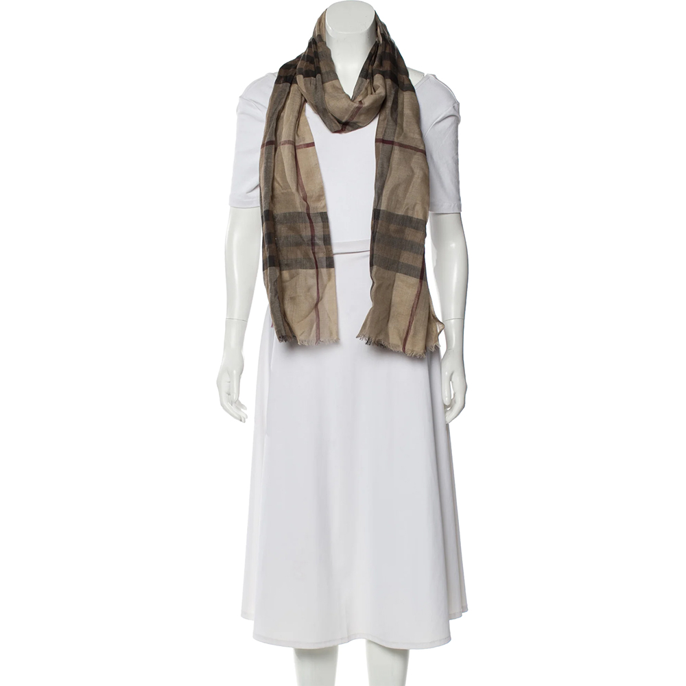 

Burberry Beige Lightweight Check Wool and Silk Scarf