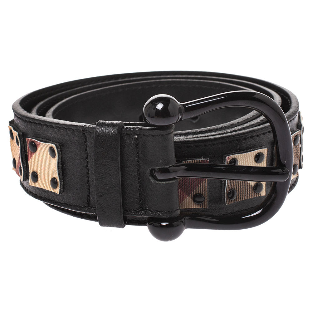 

Burberry Black/Beige NovaCheck Coated Canvas and Leather Studded Belt