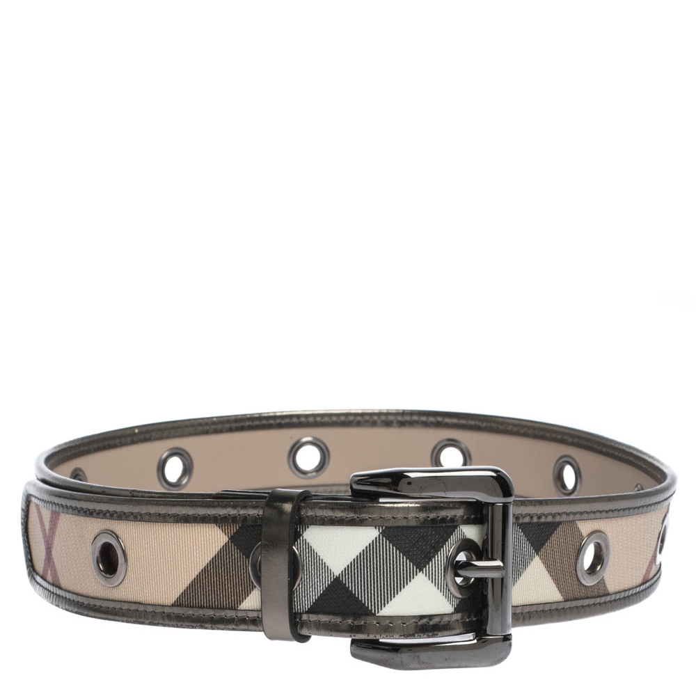 Burberry Metallic/Beige Check PVC and Patent Leather Eyelet Buckle Belt ...