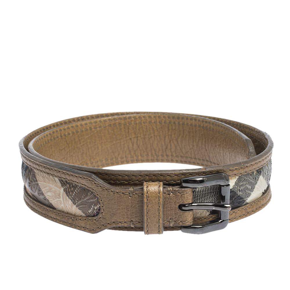 

Burberry Gold/Beige Brocade Embossed Check PVC and Leather Buckle Belt