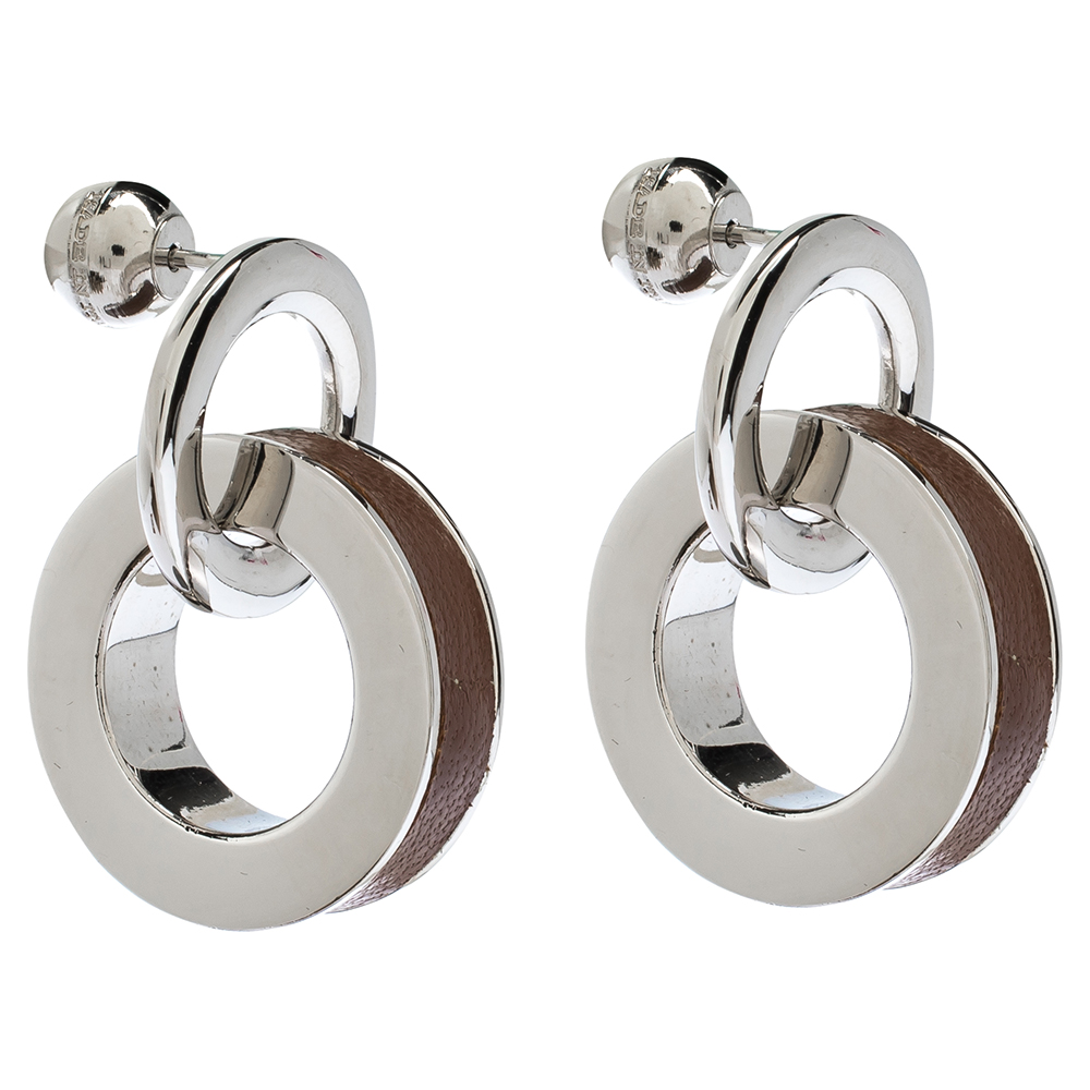 

Burberry Leather Palladium Plated Double Grommet Earrings, Brown