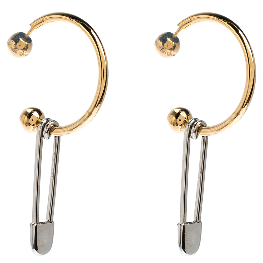 

Burberry Pin Motif Two Tone Dangle Hoop Earrings, Gold