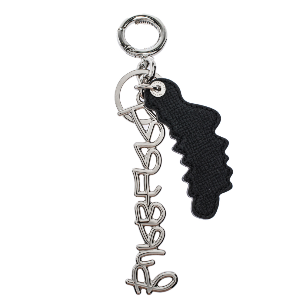 

Burberry logo Black leather Silver Tone Key Ring