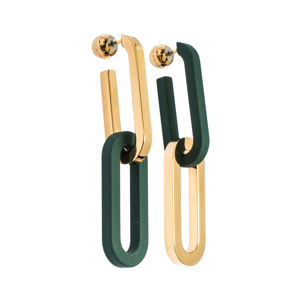 

Burberry Green Rubberised Gold Tone Mismatched Chain Link Earrings