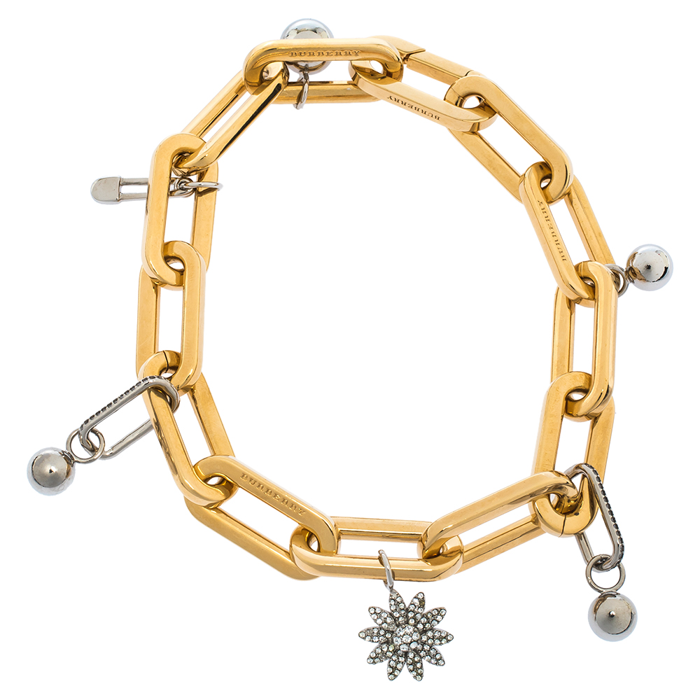 Burberry Gold & Palladium Plated Crystal Encrusted Charms Bracelet