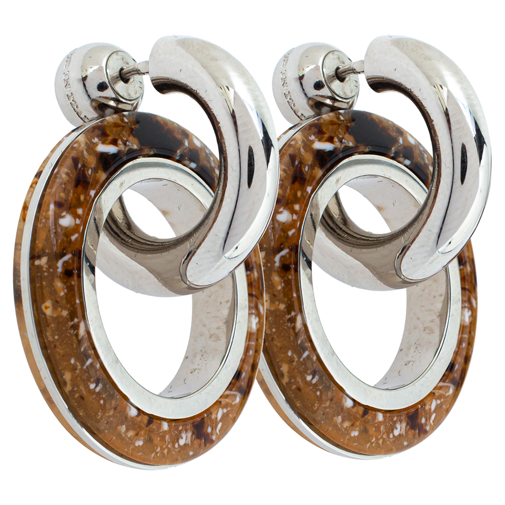 

Burberry Caramel Marbled Resin Palladium Plated Double Grommet Earrings, Silver