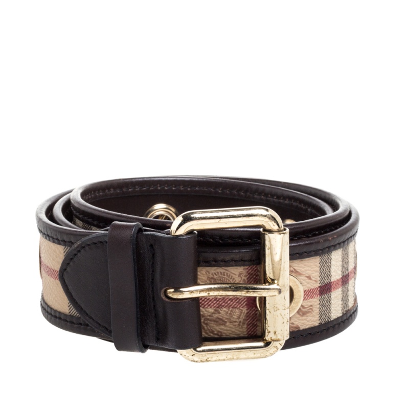 

Burberry Brown Haymarket Check Coated Canvas and Leather Grommet Buckle Belt