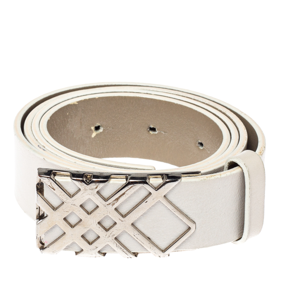 

Burberry White Leather Check Buckle Belt