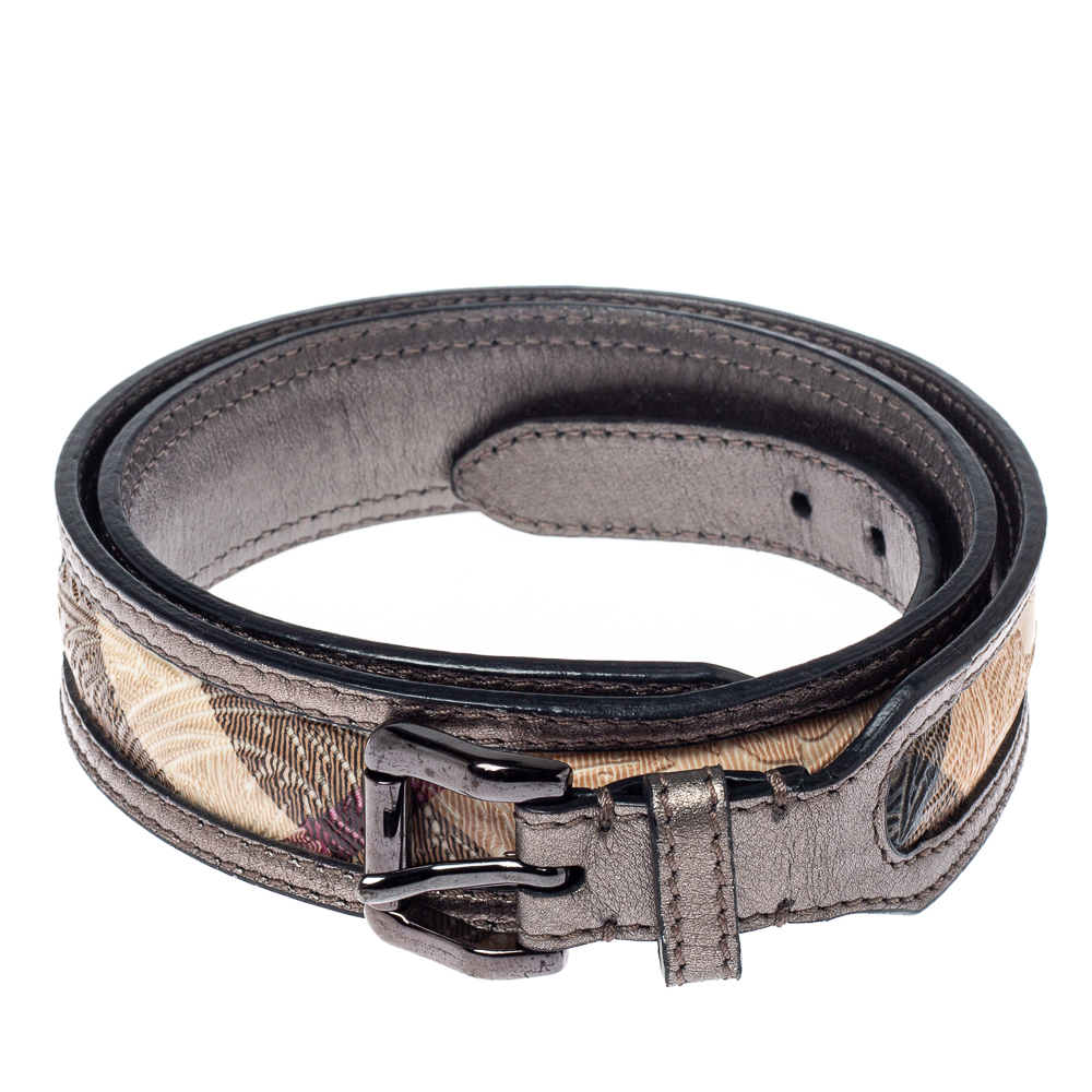

Burberry Metallic Grey/Beige Floral Embossed Check Canvas and Leather Trim Belt