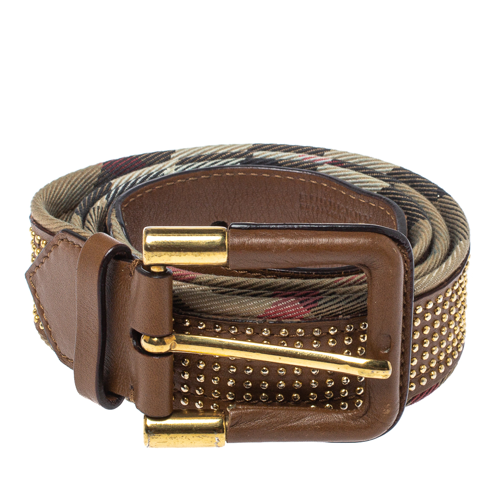 

Burberry Brown Nova Check Canvas Studded Leather and Canvas Belt