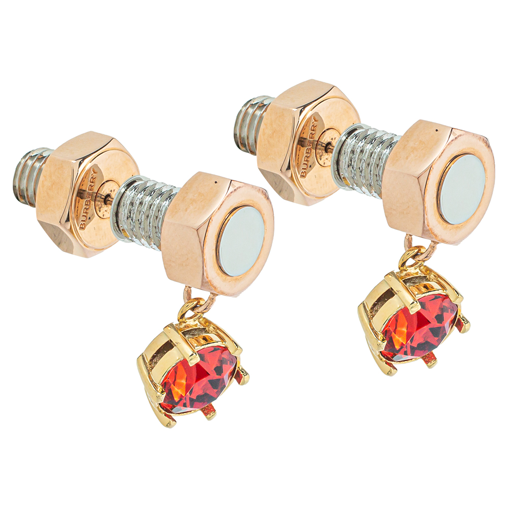 

Burberry Two Tone Scarlet Crystal Nut & Bolt Drop Earrings, Red