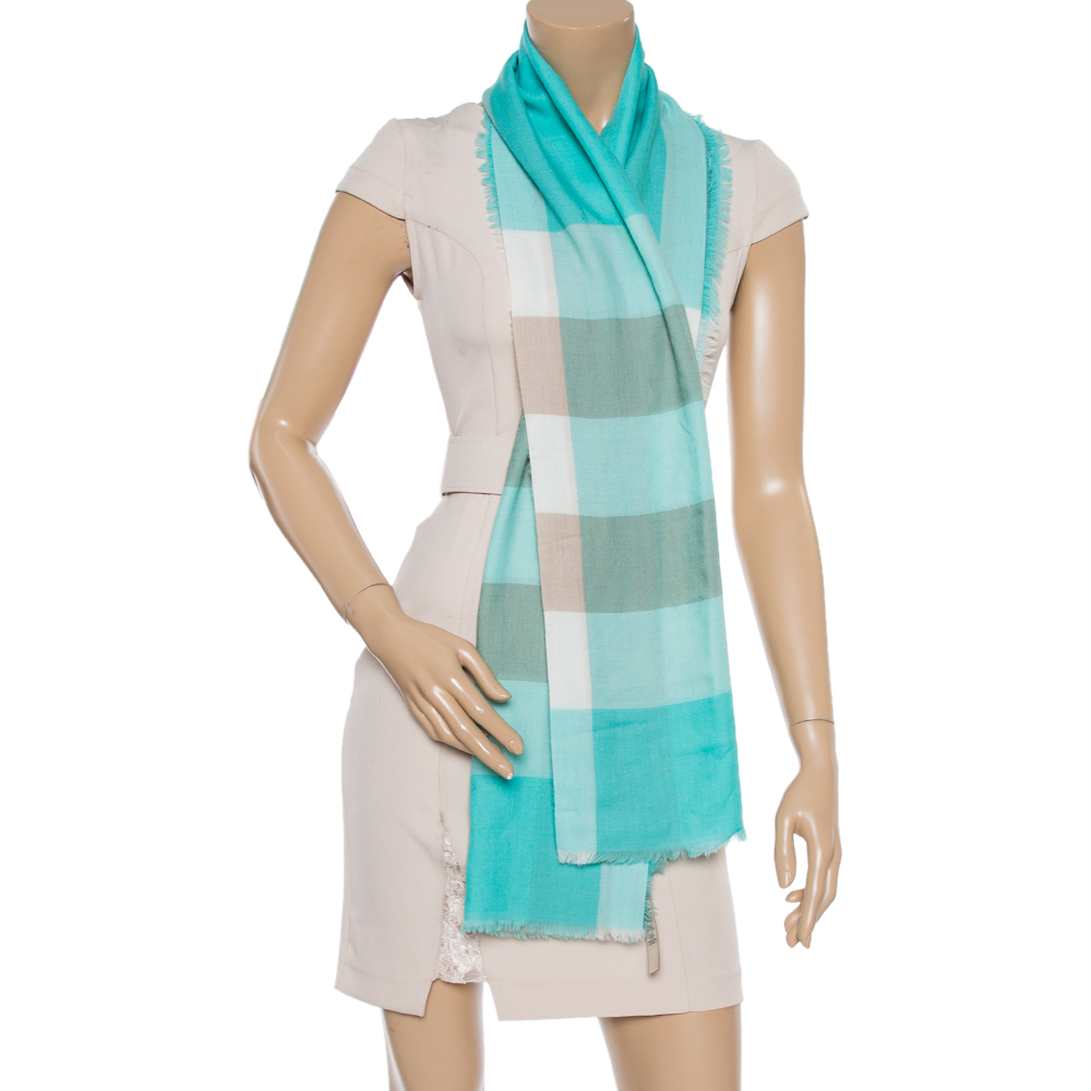 

Burberry Sea Blue Check Pattern Cashmere Scarf