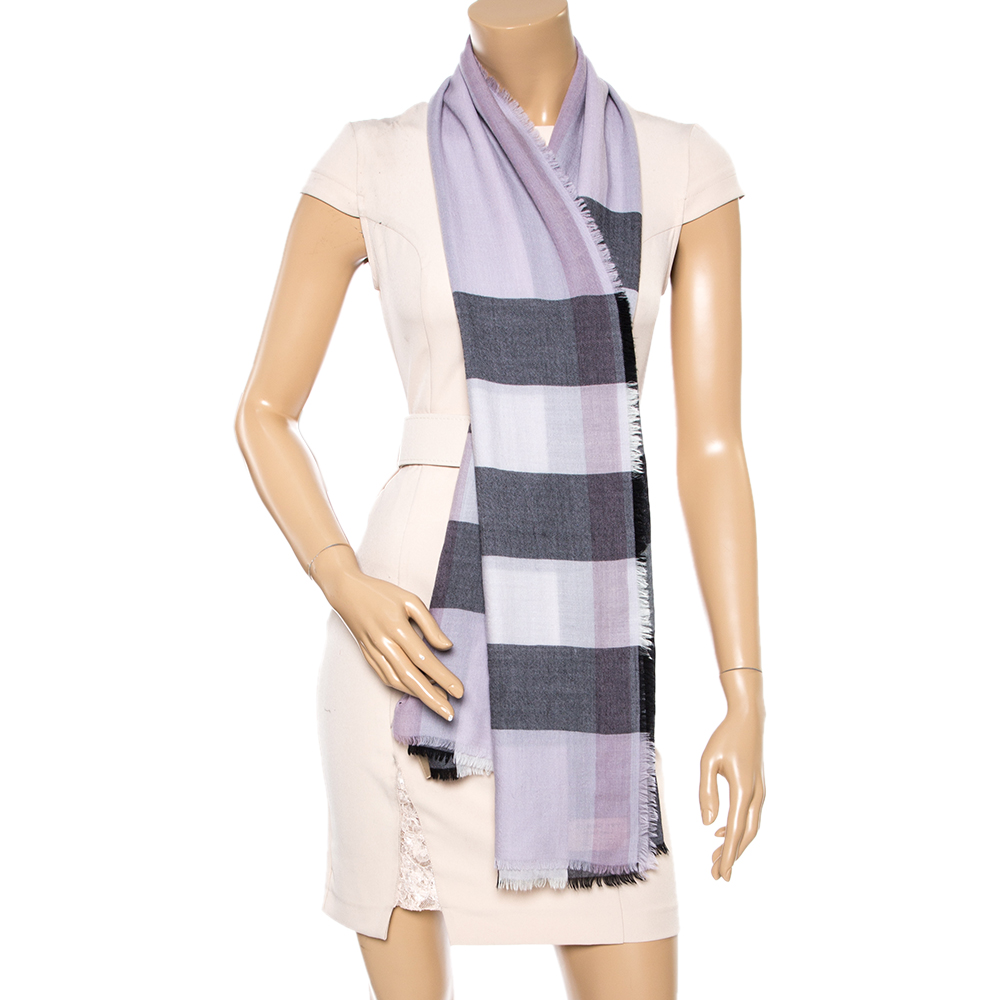 

Burberry Lavender & Black Check Pattern Cashmere Scarf, Purple