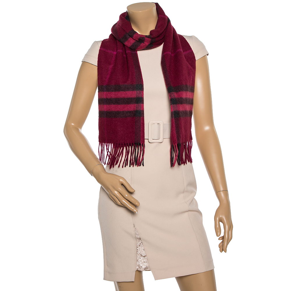 Pre-owned Burberry Burgundy Giant Check Fringed Cashmere Scarf
