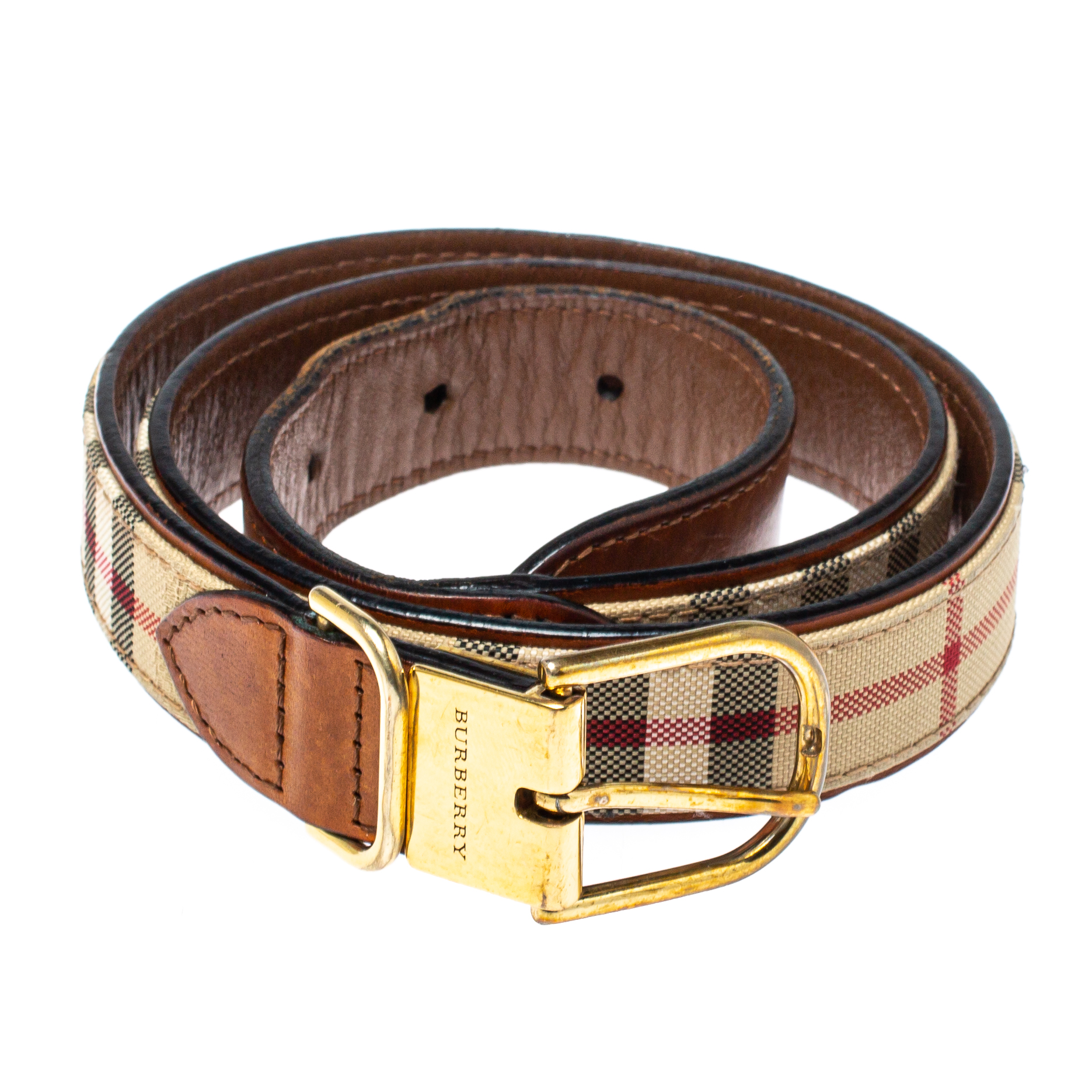 

Burberry Beige/Brown Haymarket Check Canvas and Leather Slim Belt