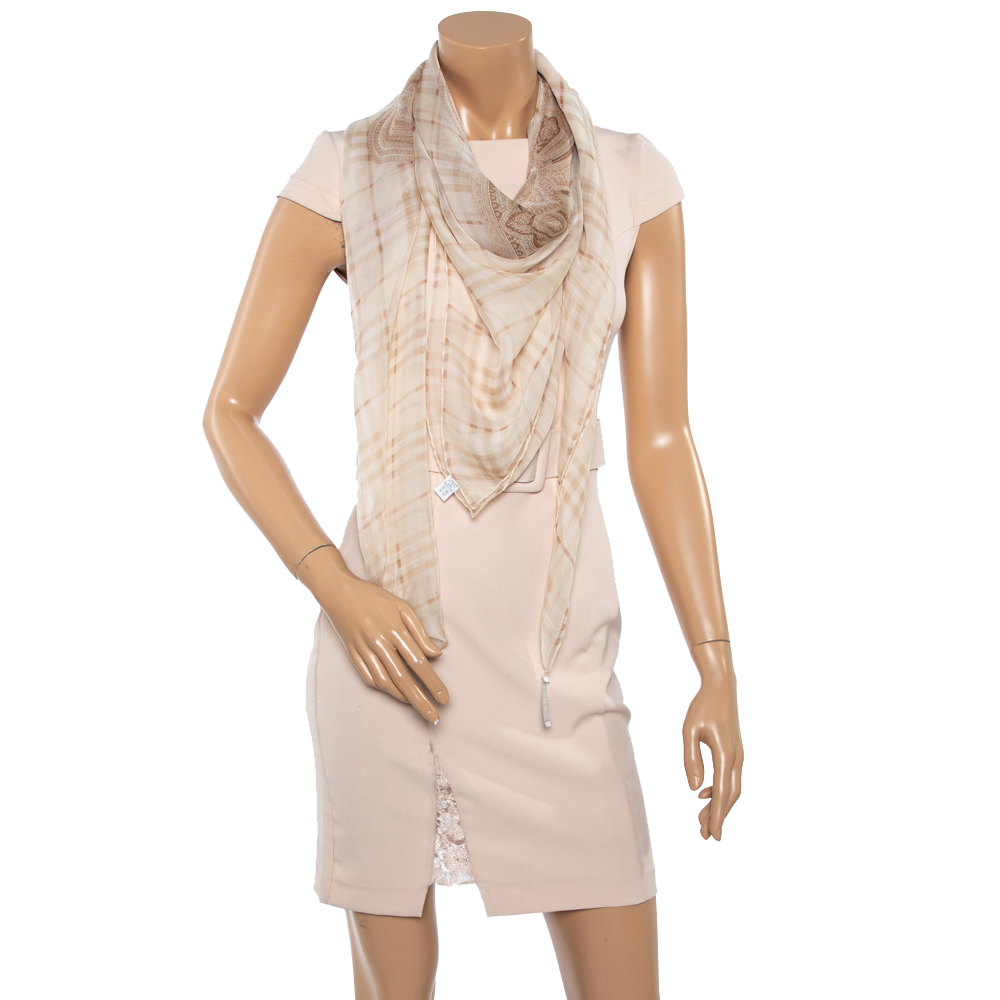 

Burberry Cream Paisley Check Print Silk Chiffon Scarf