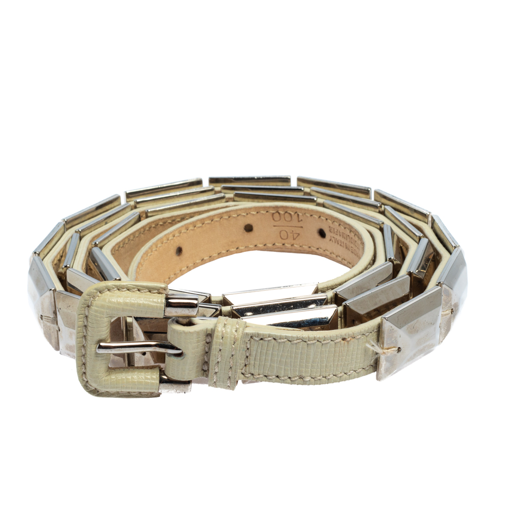 

Burberry White Leather Crystals Embellished Slim Belt
