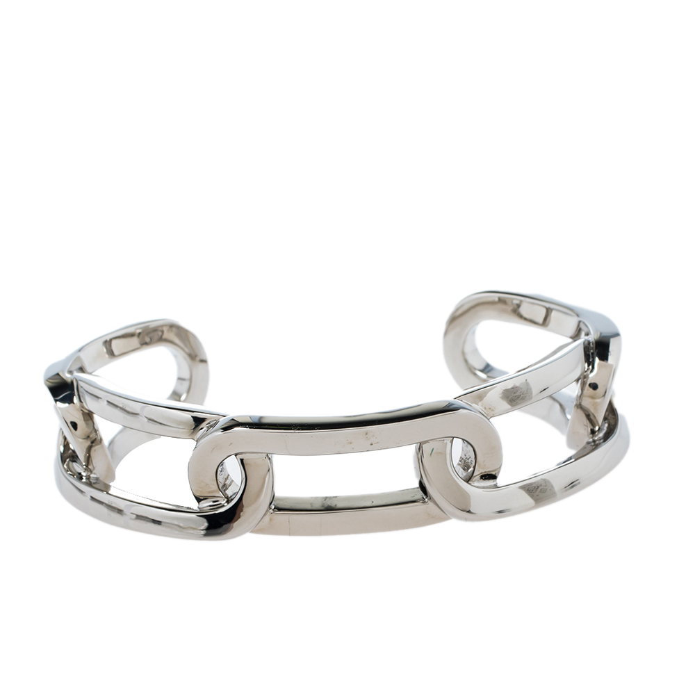 Pre Owned Burberry Chain Link Motif Palladium Plated Open Cuff Bracelet M