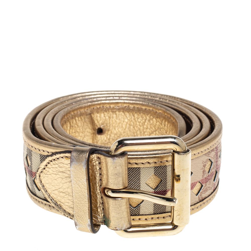 

Burberry Beige/Gold Leather and Haymarket Check Canvas Laser Cut Buckle Belt