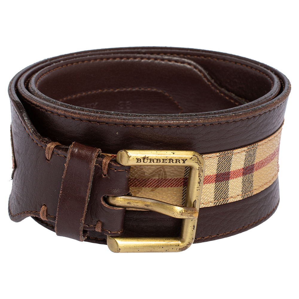 

Burberry Brown/Beige Leather and Haymarket Check Coated Canvas Waist Belt