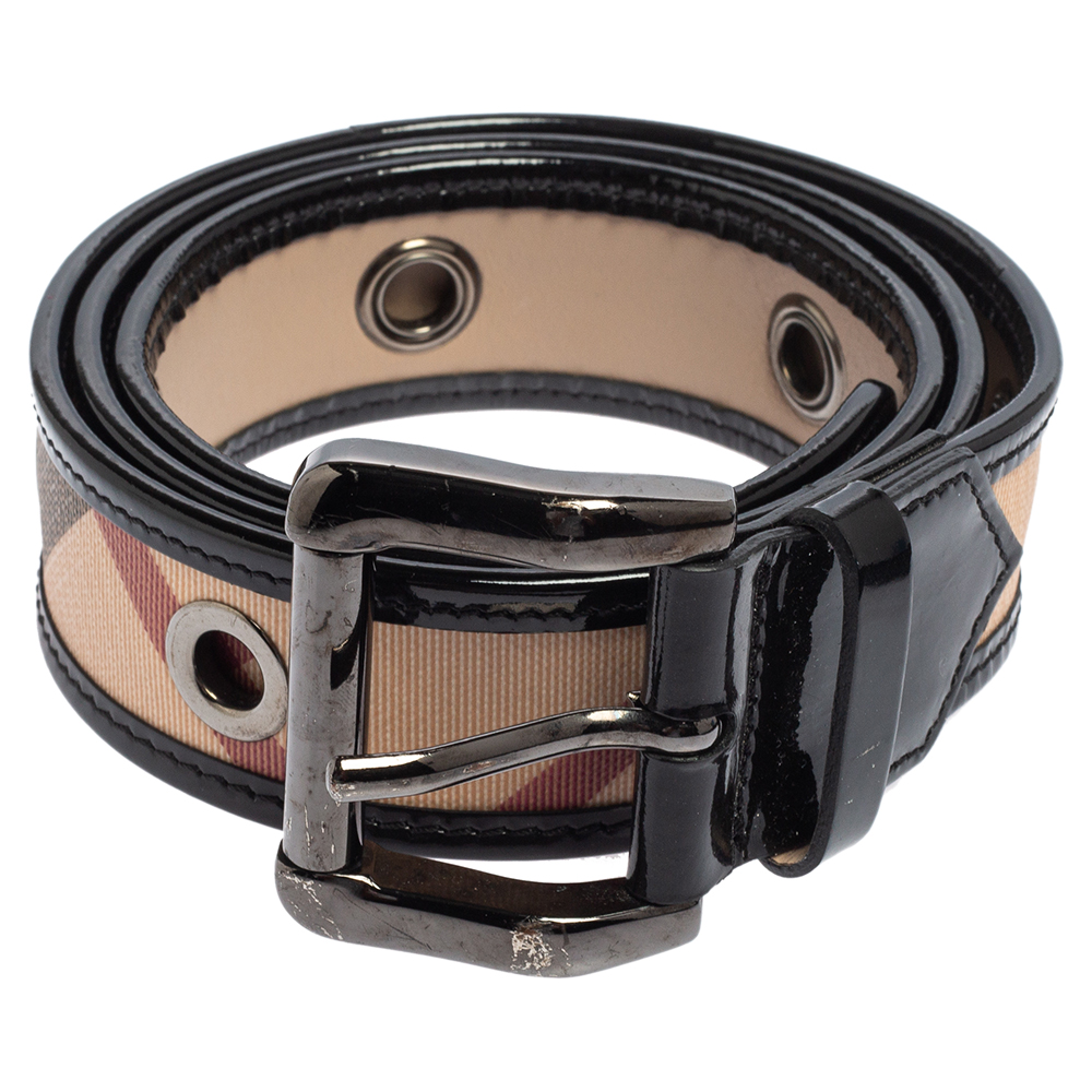 

Burberry Black/Beige Nova Check Canvas and Patent Leather Buckle Belt