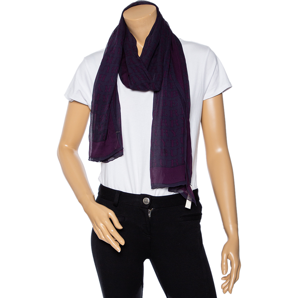 

Burberry Purple Logo Print Crepe Silk Scarf