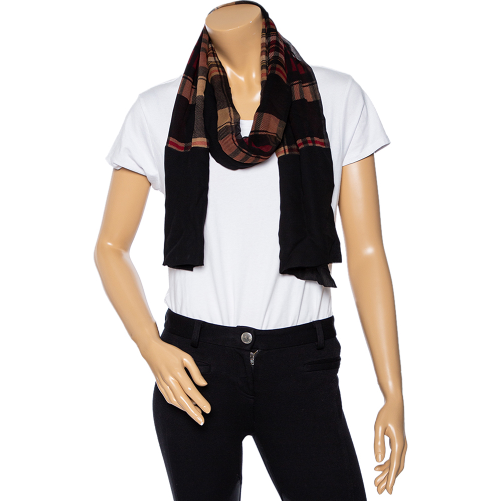 

Burberry Black & Brown Check Detail Crepe Silk Scarf