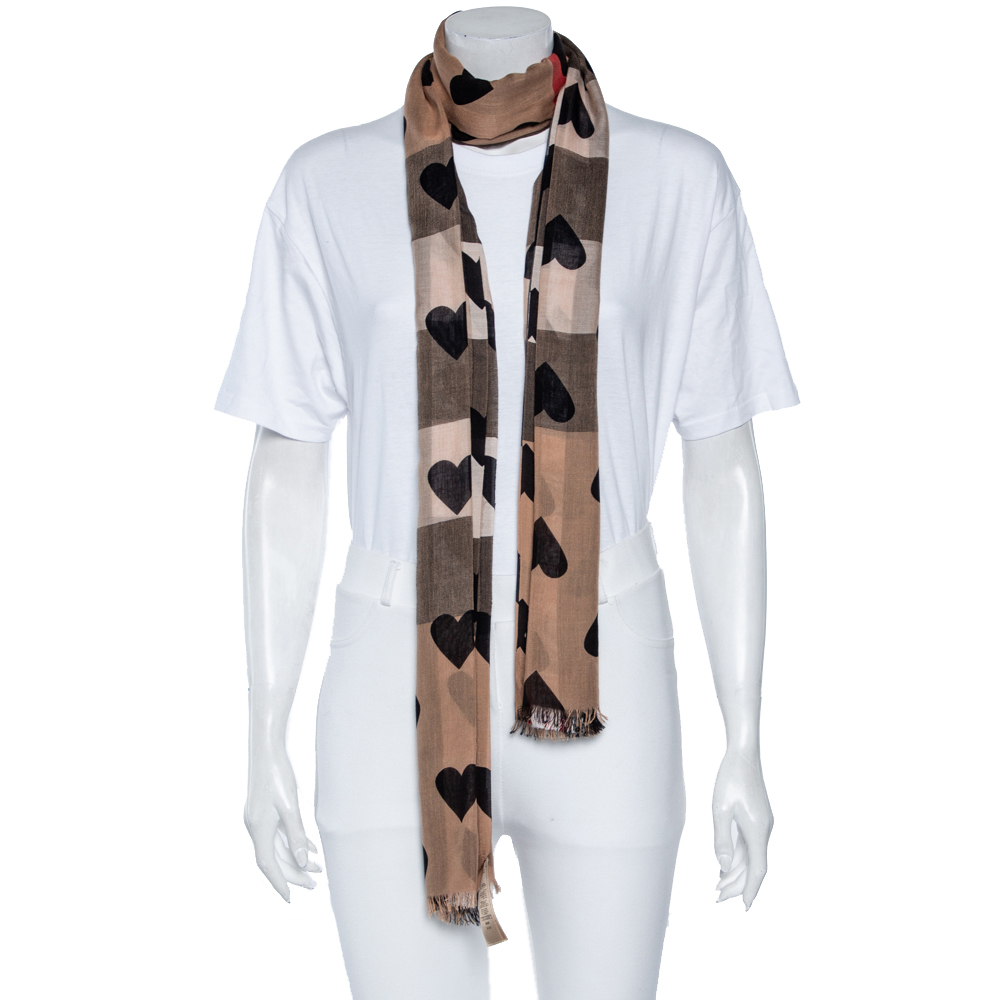 

Burberry Brown Heart Print Check Modal Scarf