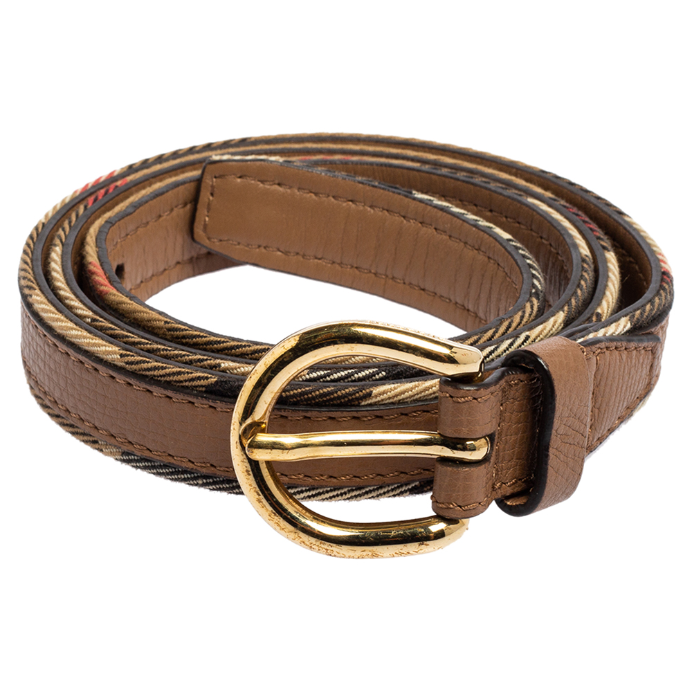 

Burberry Brown/Beige Leather and House Check Canvas Slim Buckle Belt