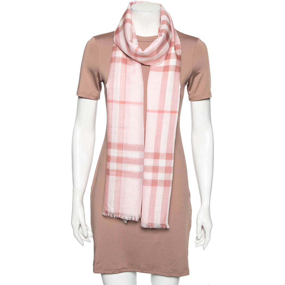 

Burberry Pink Giant Check Silk Wool Gauze Scarf