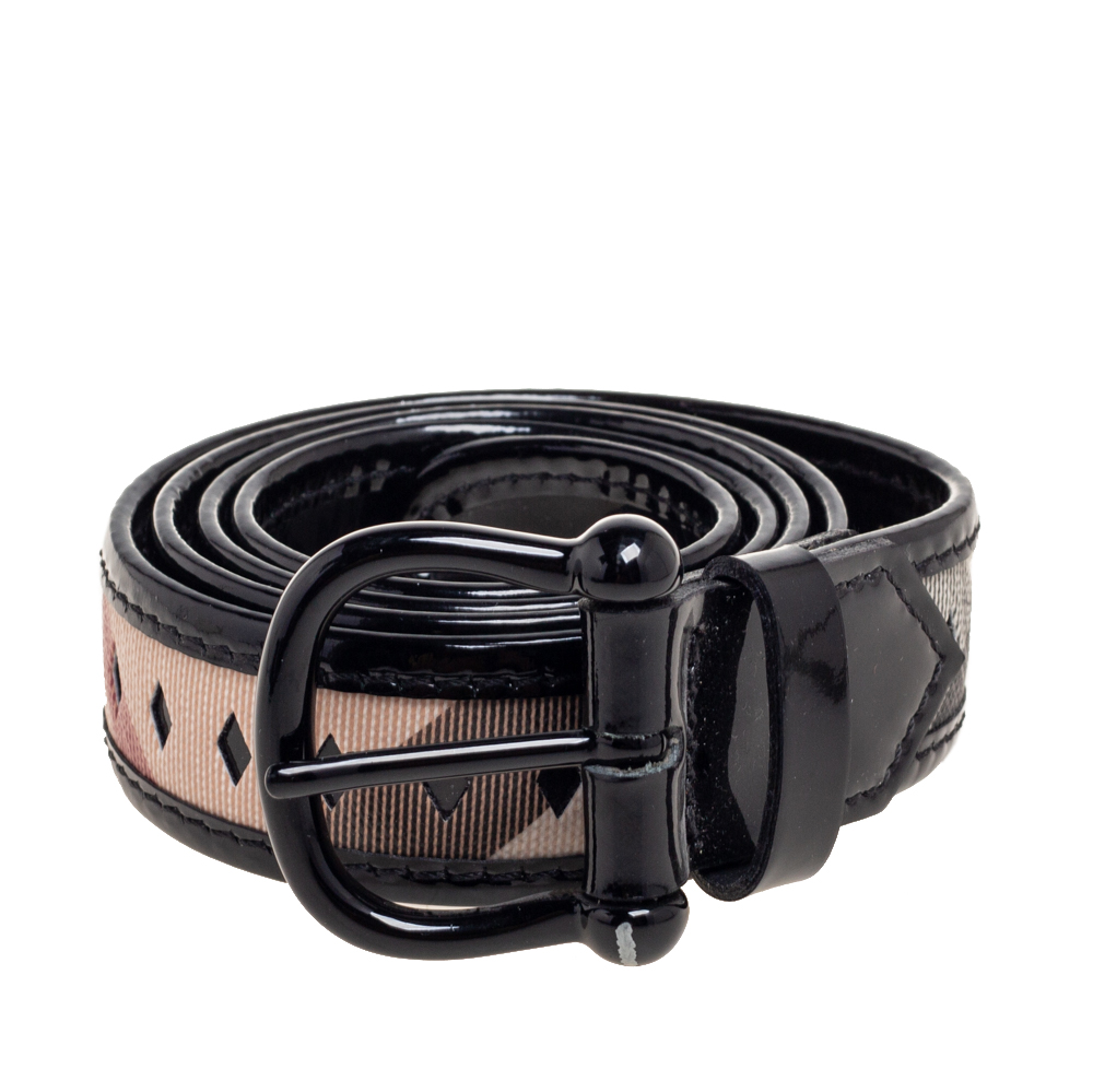 

Burberry Black House Check Coated Canvas and Patent Leather Diamond Lasercut Belt